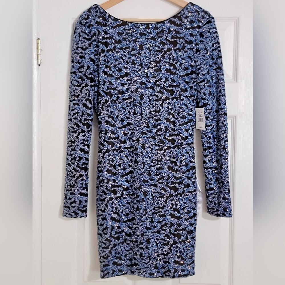 NWT Dress the Population Sequin Long Sleeve Dress Blue Violet Large